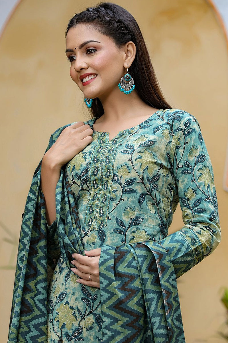 Rayon Blend Teal Ethnic Motifs Printed Straight Kurta Palazzo Dupatta Set - Green