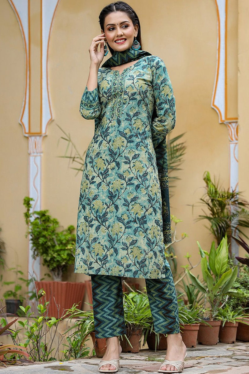 Rayon Blend Teal Ethnic Motifs Printed Straight Kurta Palazzo Dupatta Set - Green