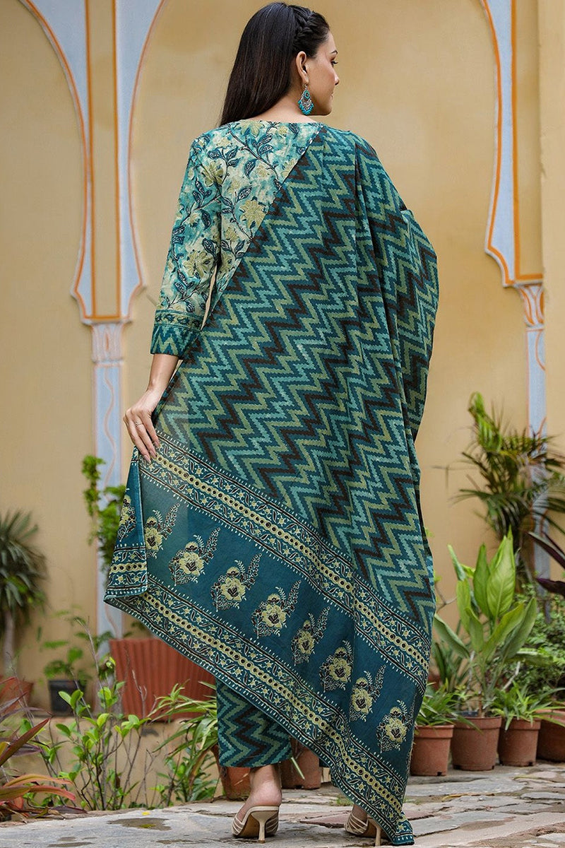 Rayon Blend Teal Ethnic Motifs Printed Straight Kurta Palazzo Dupatta Set - Green