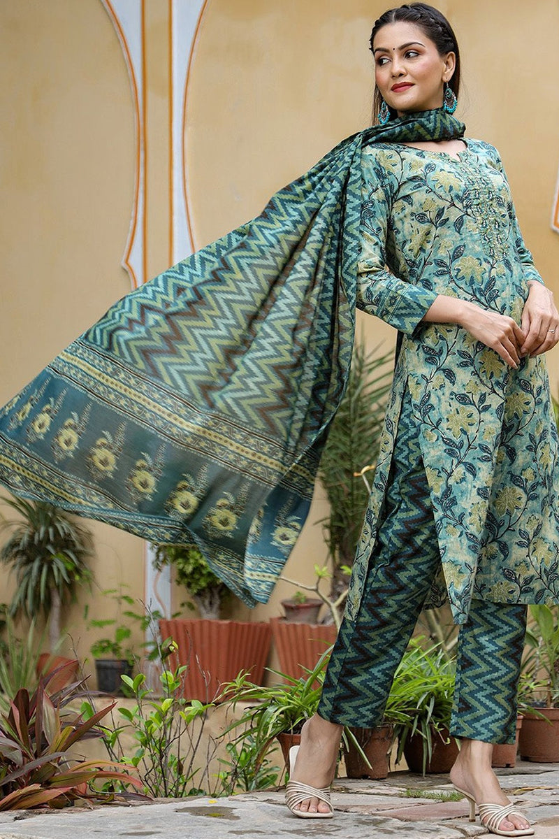 Rayon Blend Teal Ethnic Motifs Printed Straight Kurta Palazzo Dupatta Set - Green