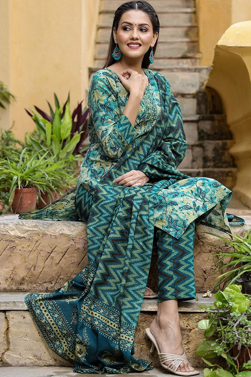 Rayon Blend Teal Ethnic Motifs Printed Straight Kurta Palazzo Dupatta Set - Green