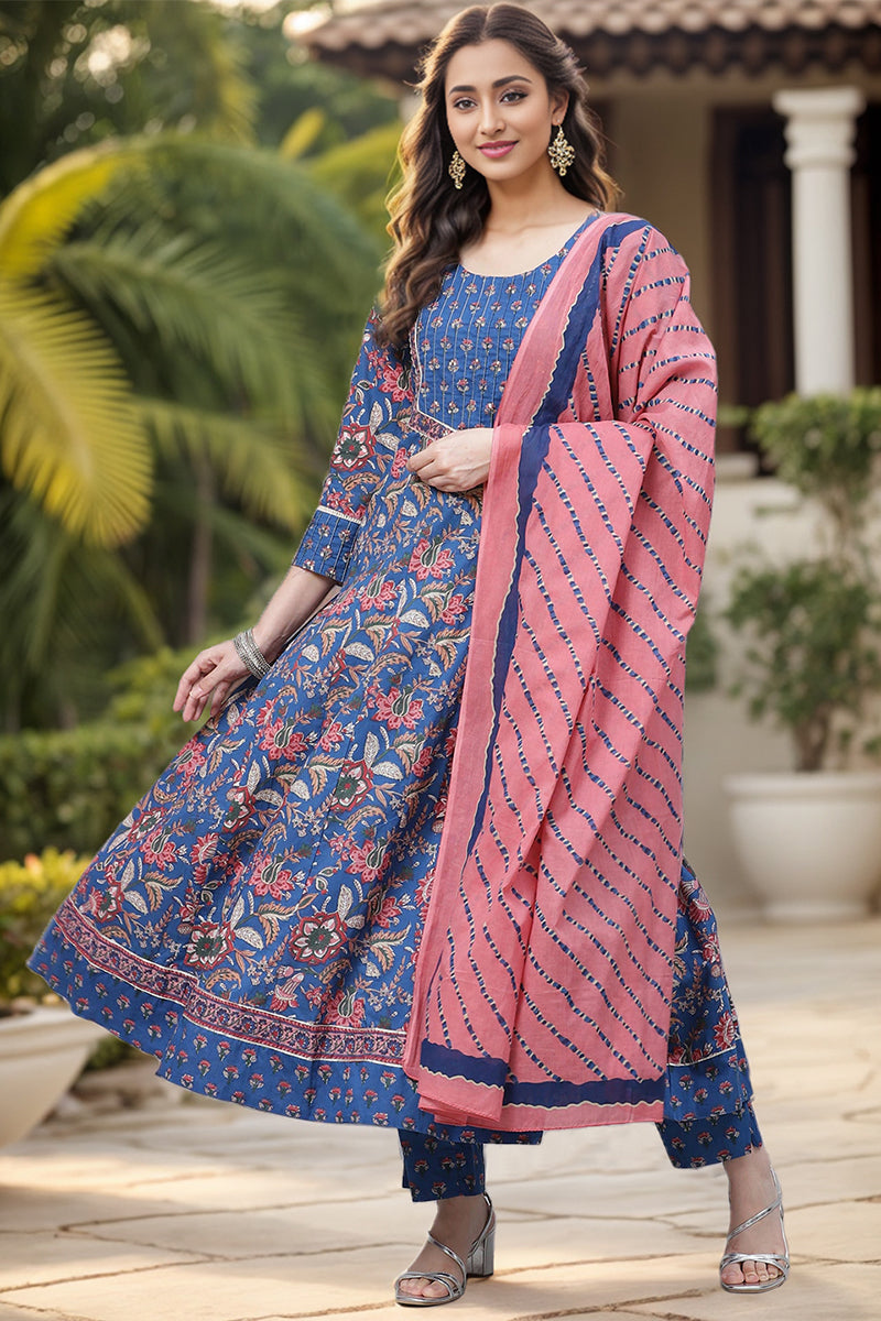 Blue Rayon Blend Anarkali Suit Set - Blue