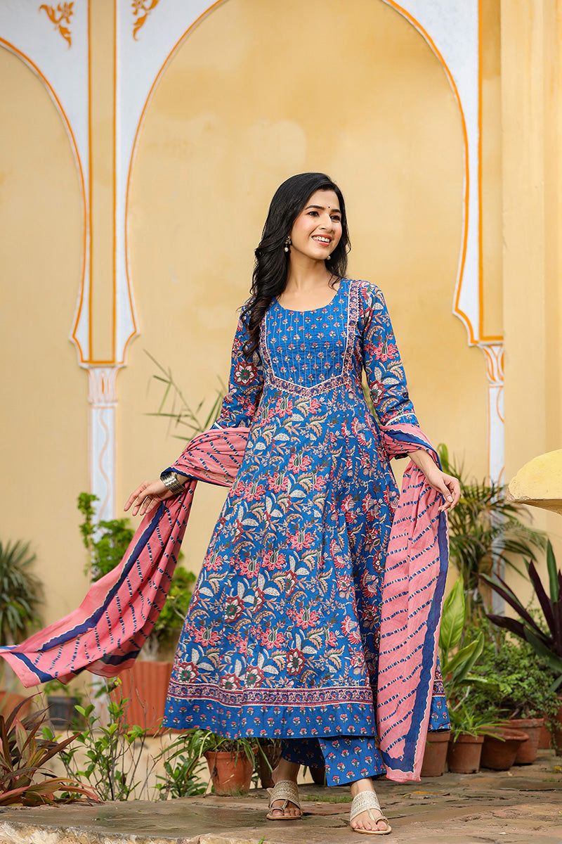 Blue Rayon Blend Anarkali Suit Set - Blue