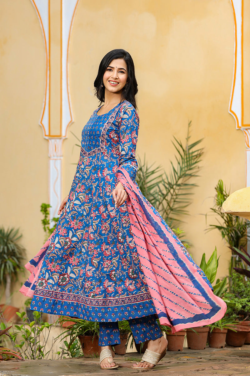 Blue Rayon Blend Anarkali Suit Set - Blue