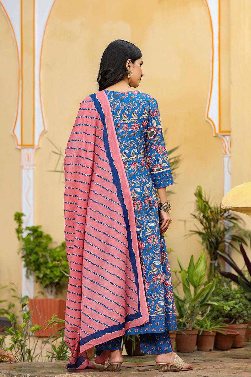 Blue Rayon Blend Anarkali Suit Set - Blue