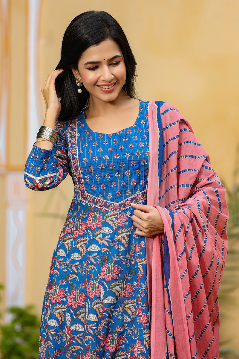 Blue Rayon Blend Anarkali Suit Set - Blue