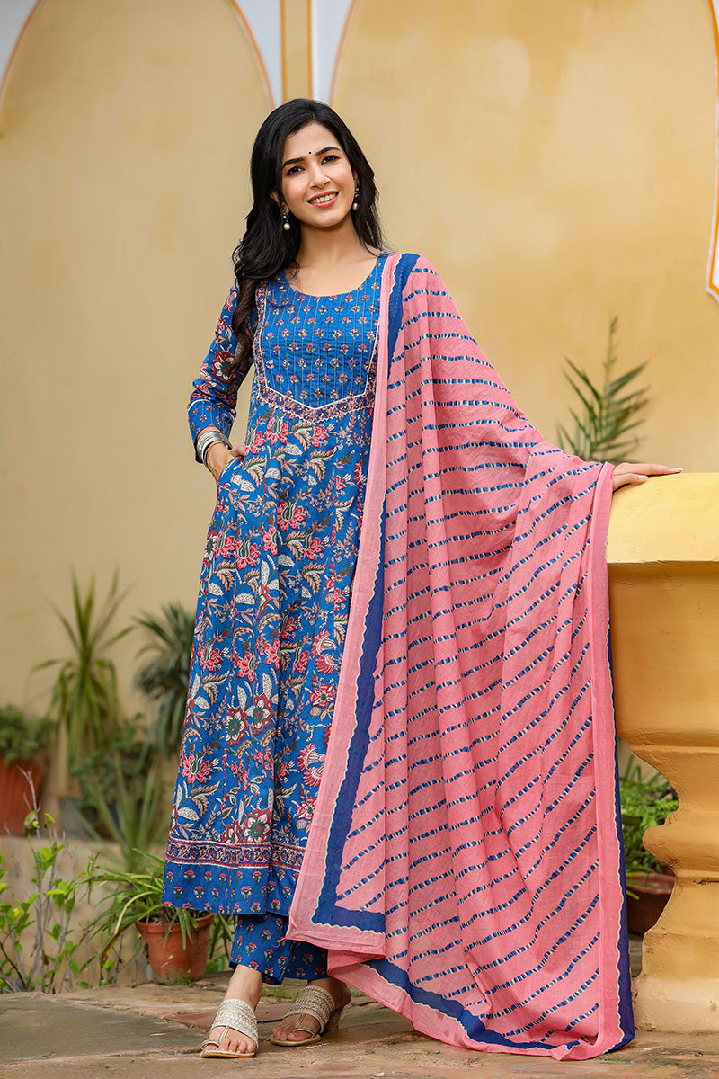 Blue Rayon Blend Anarkali Suit Set - Blue
