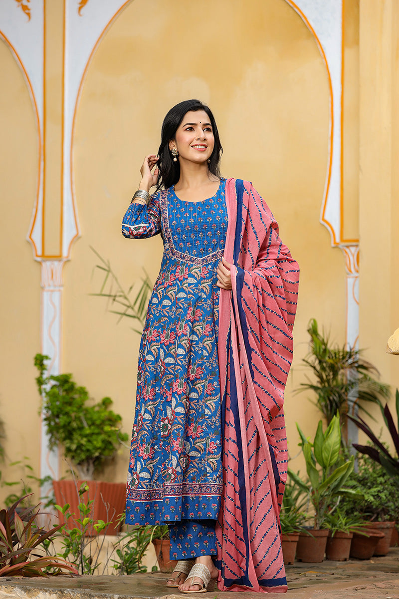 Blue Rayon Blend Anarkali Suit Set - Blue
