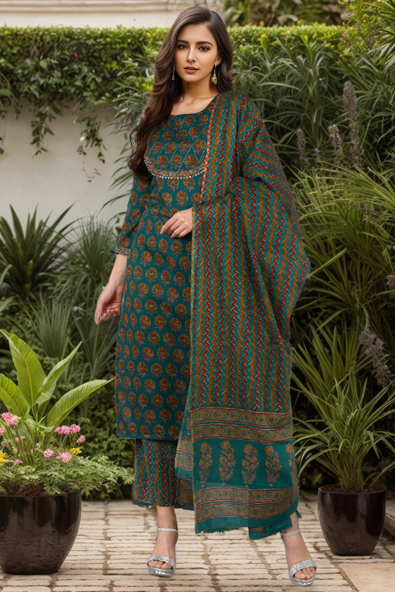 Teal Green Rayon Blend Straight Suit Set - Green