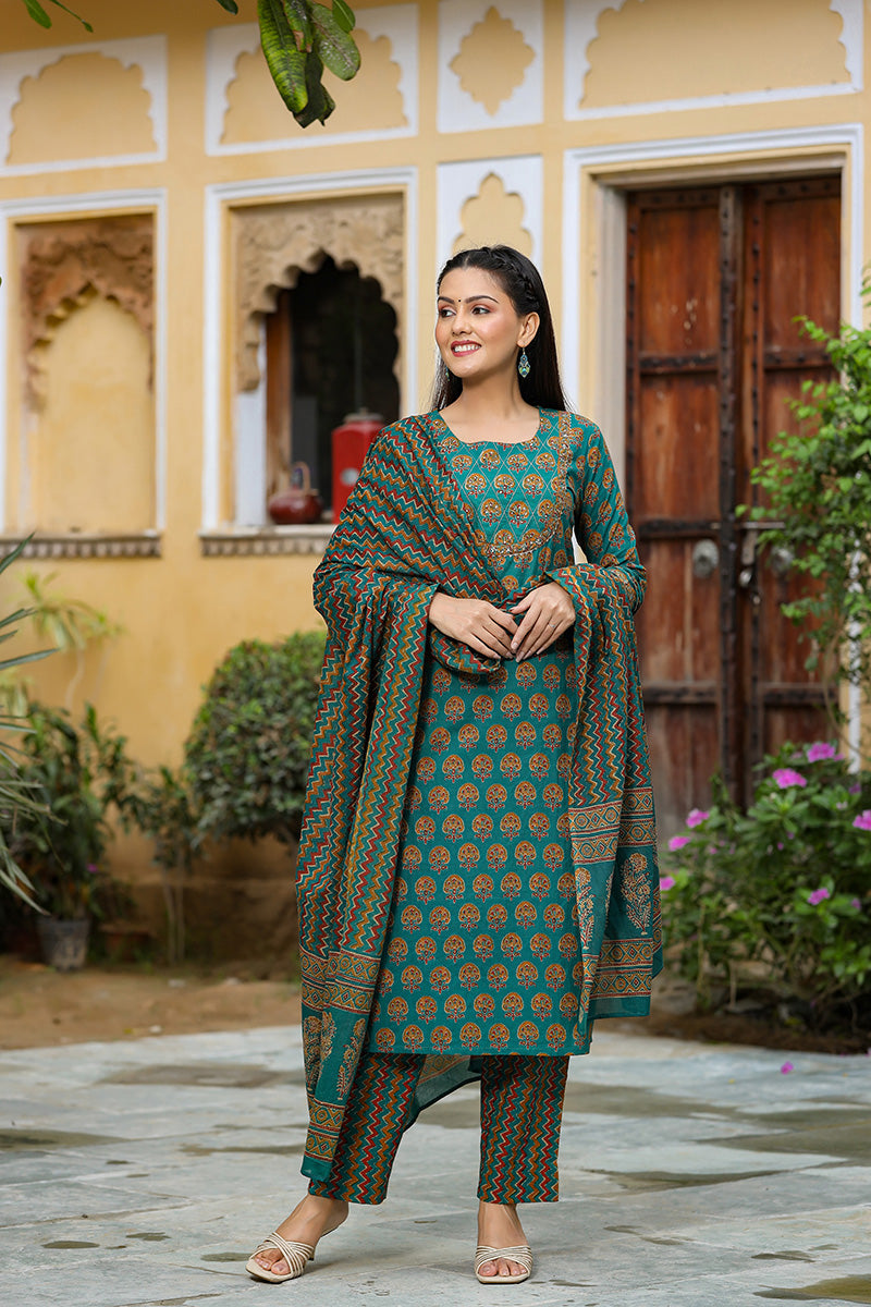 Teal Green Rayon Blend Straight Suit Set - Green