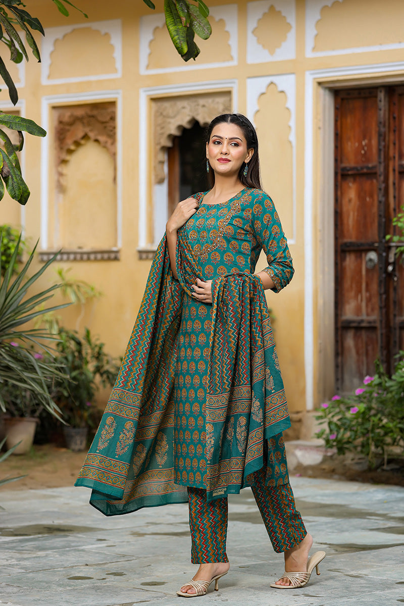 Teal Green Rayon Blend Straight Suit Set - Green