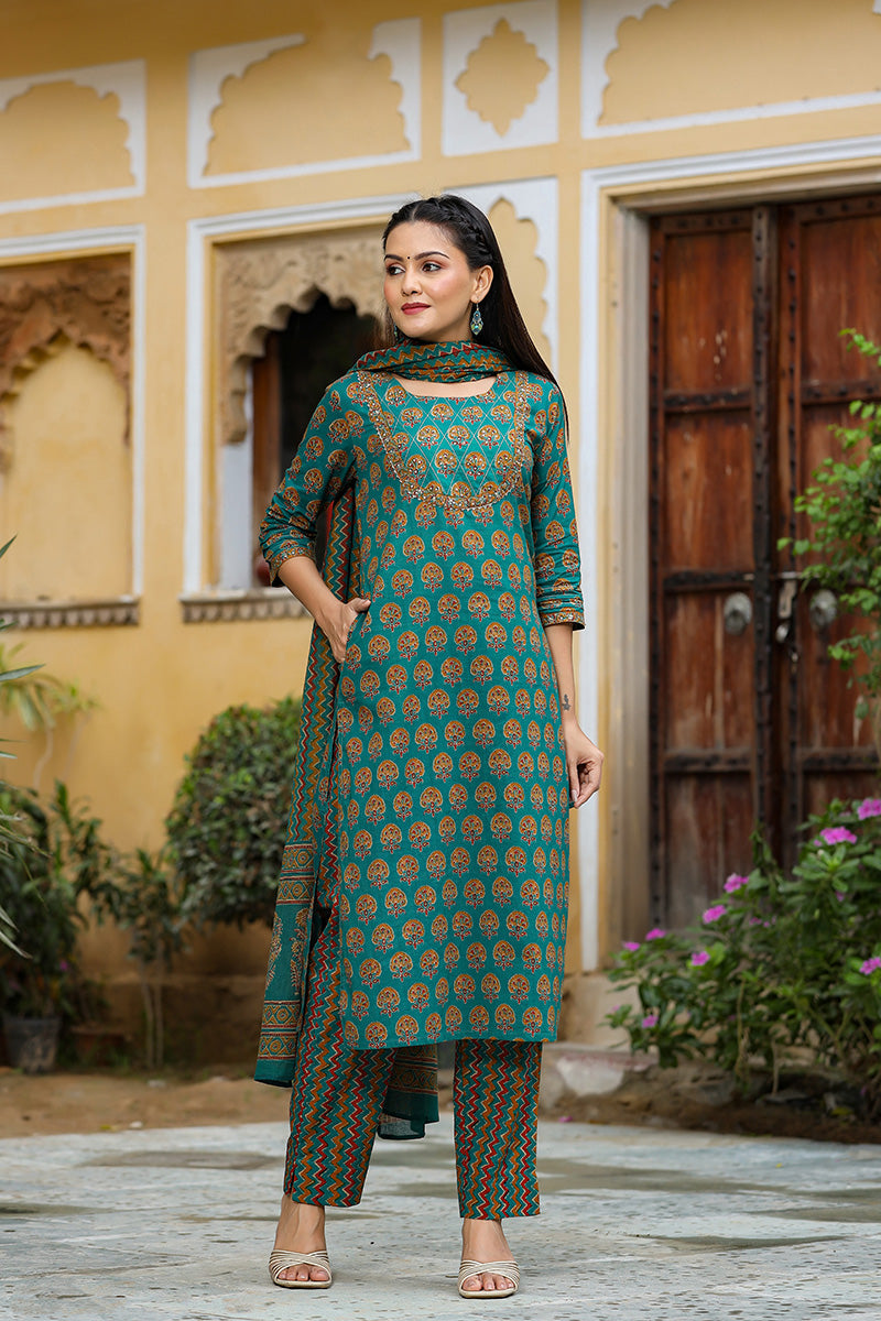 Teal Green Rayon Blend Straight Suit Set - Green