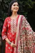 Red Rayon Blend Floral Printed Suit Set - Red