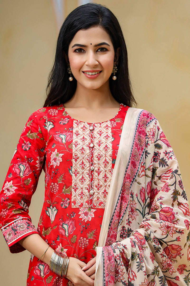 Red Rayon Blend Floral Printed Suit Set - Red