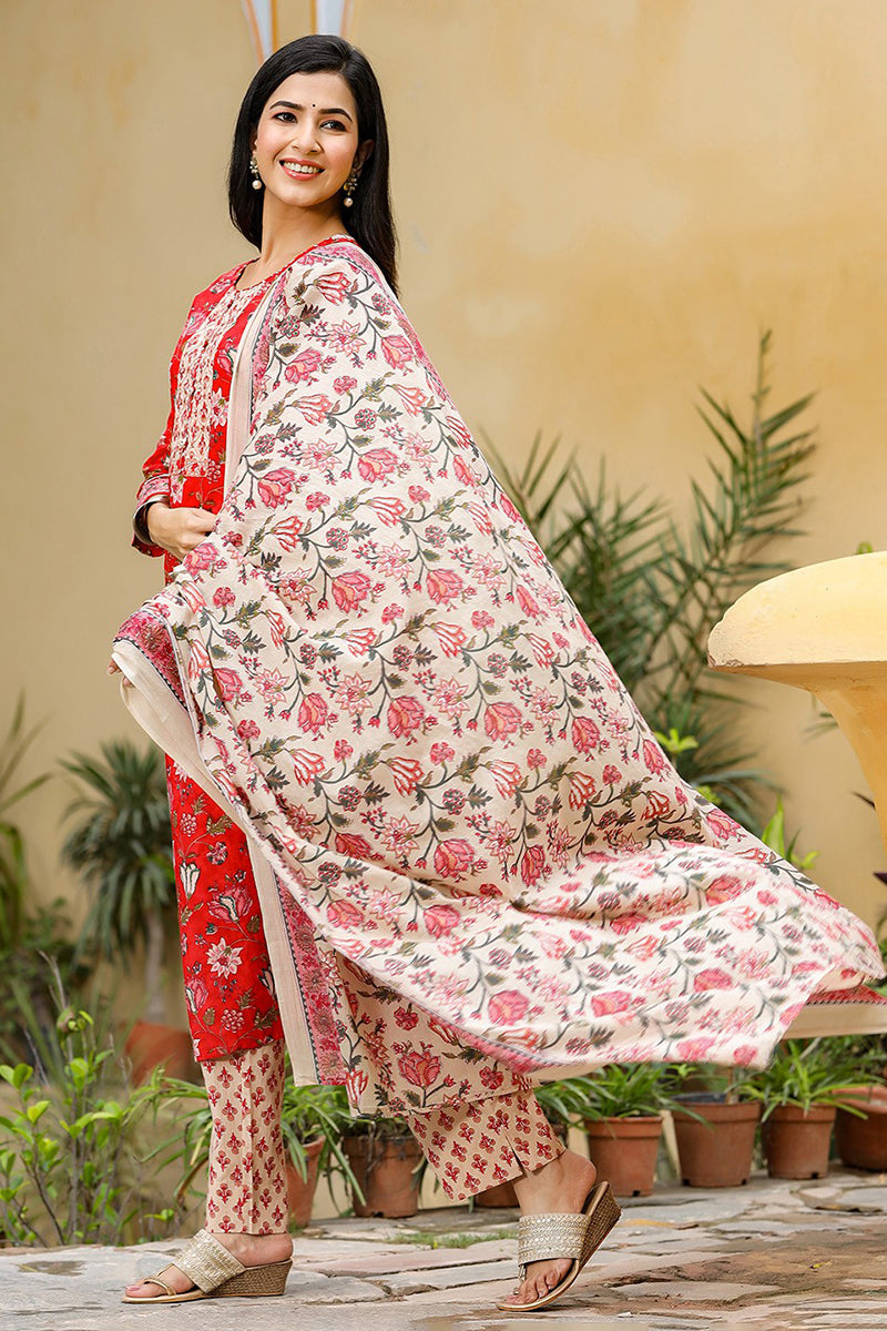 Red Rayon Blend Floral Printed Suit Set - Red