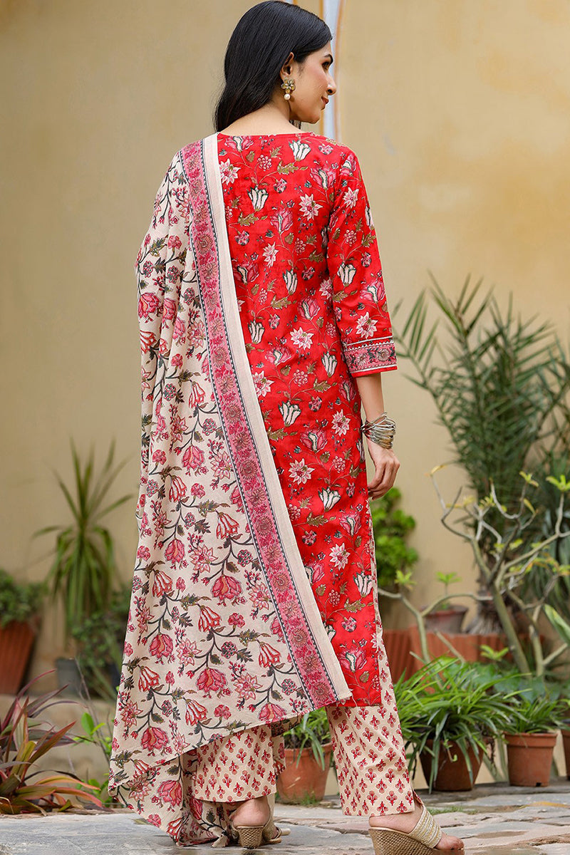 Red Rayon Blend Floral Printed Suit Set - Red