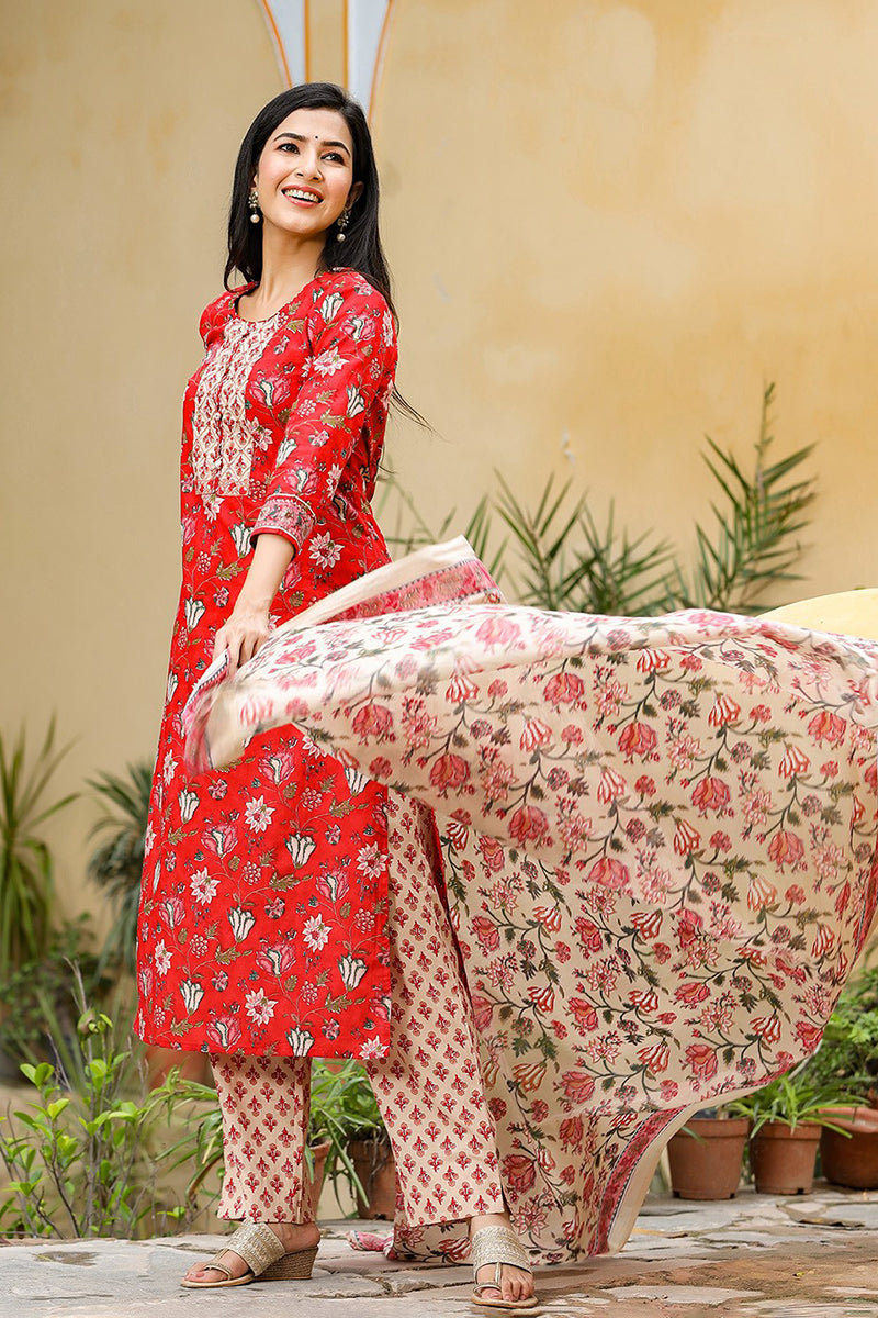 Red Rayon Blend Floral Printed Suit Set - Red
