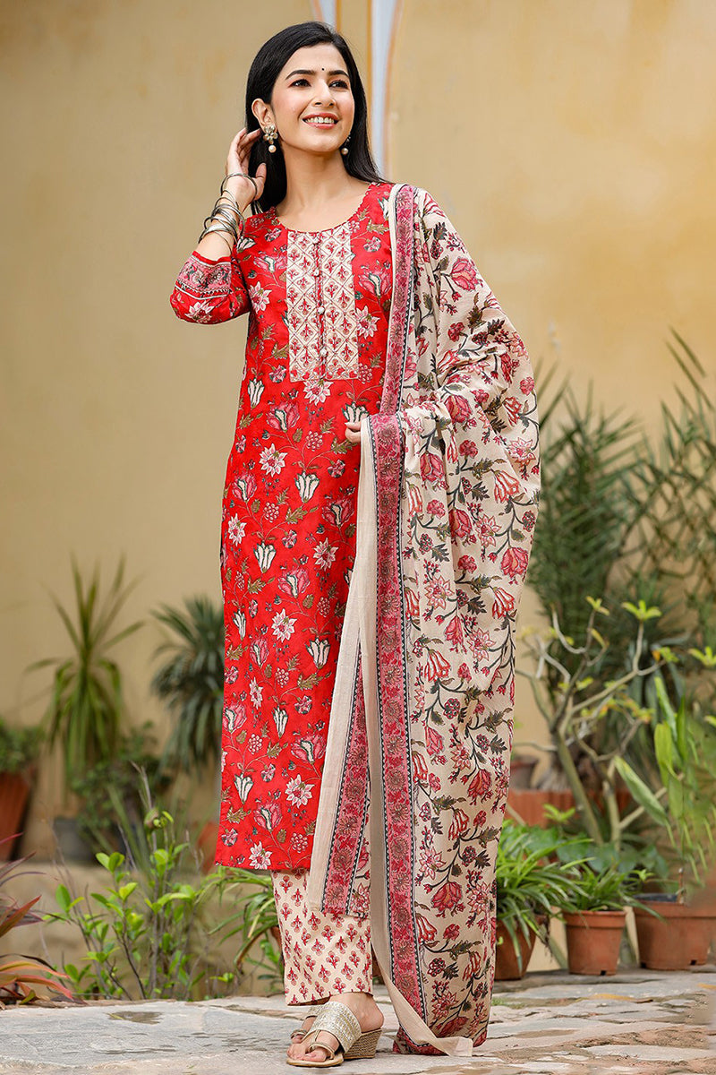 Red Rayon Blend Floral Printed Suit Set - Red