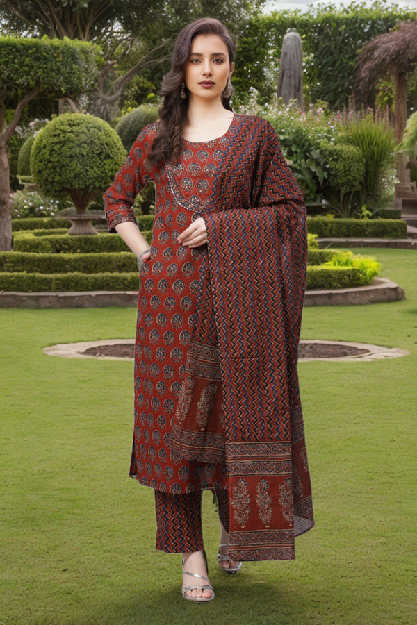 Rust Rayon Blend Suit Set - Red