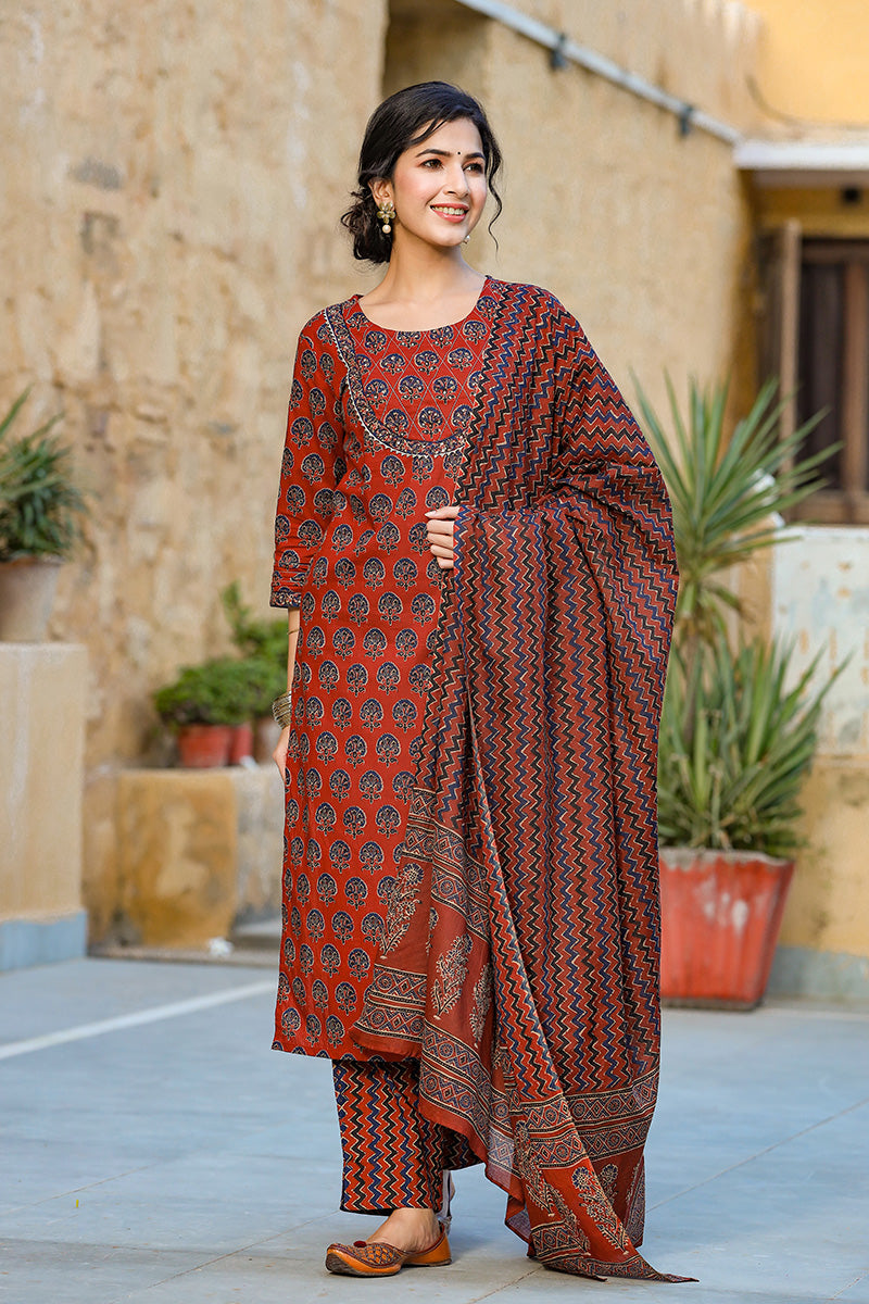 Rust Rayon Blend Suit Set - Red