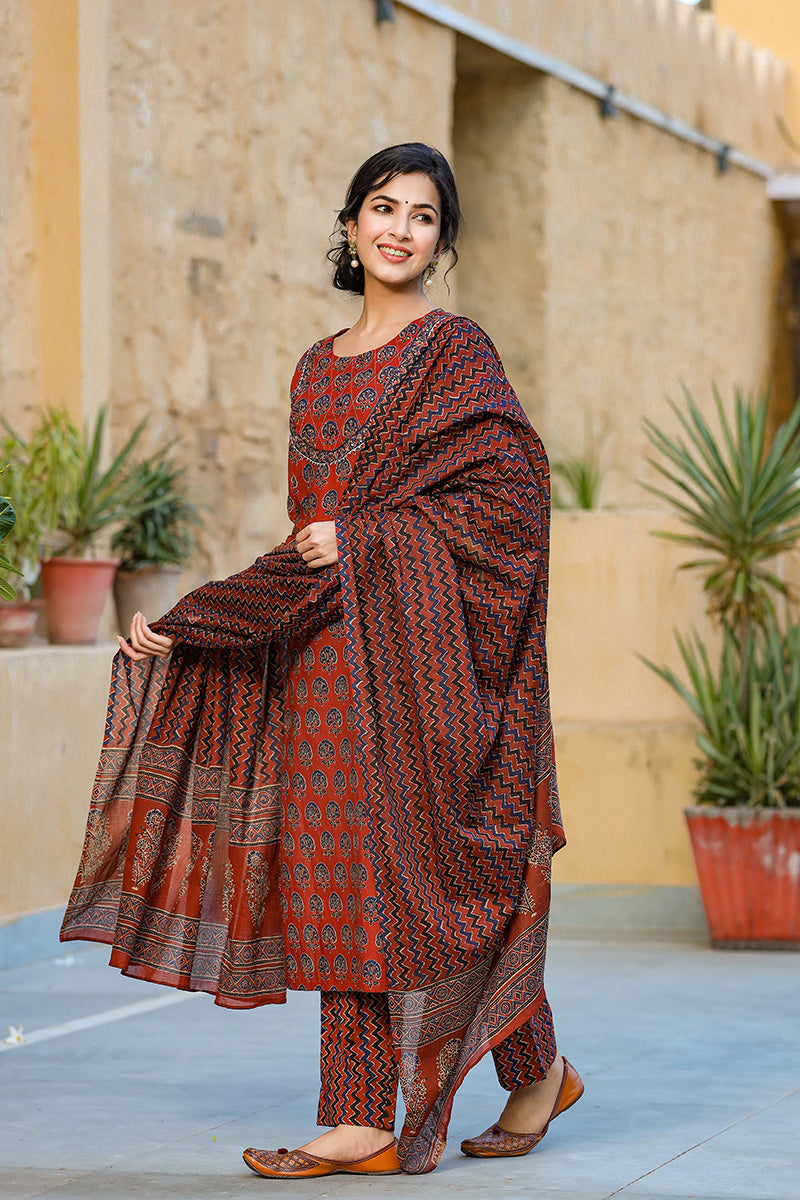 Rust Rayon Blend Suit Set - Red