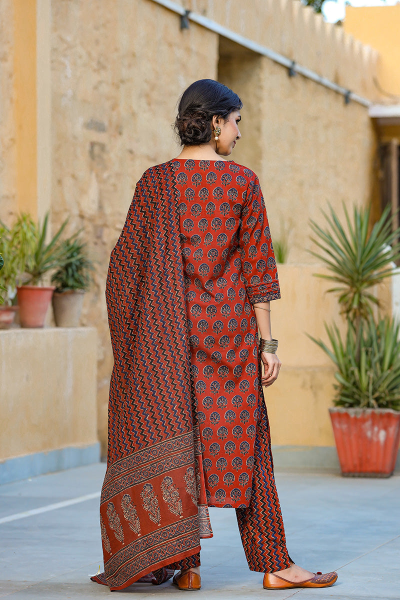 Rust Rayon Blend Suit Set - Red
