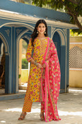 Mustard Rayon Blend Floral Print Suit Set - Yellow
