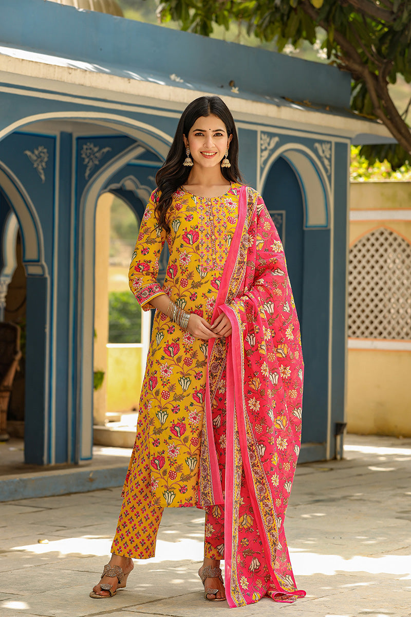 Mustard Rayon Blend Floral Print Suit Set - Yellow