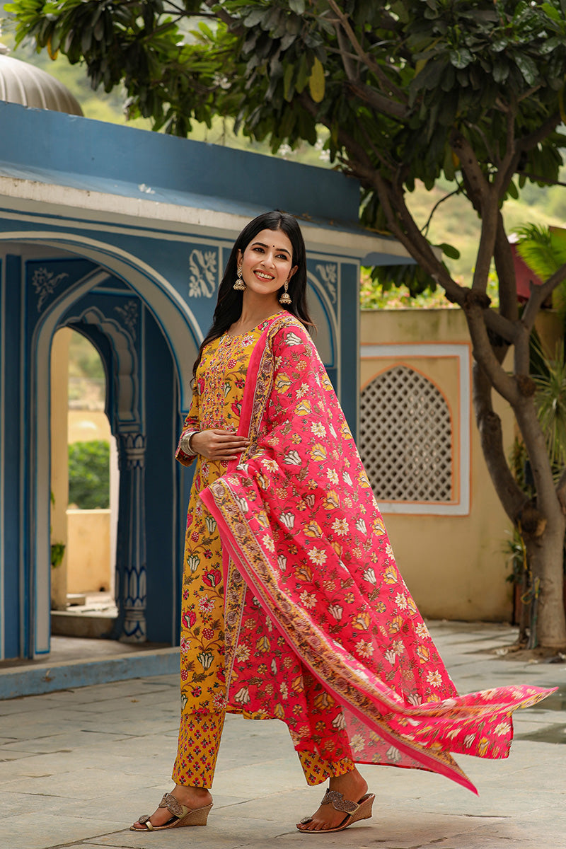 Mustard Rayon Blend Floral Print Suit Set - Yellow