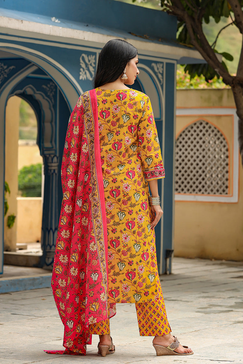 Mustard Rayon Blend Floral Print Suit Set - Yellow