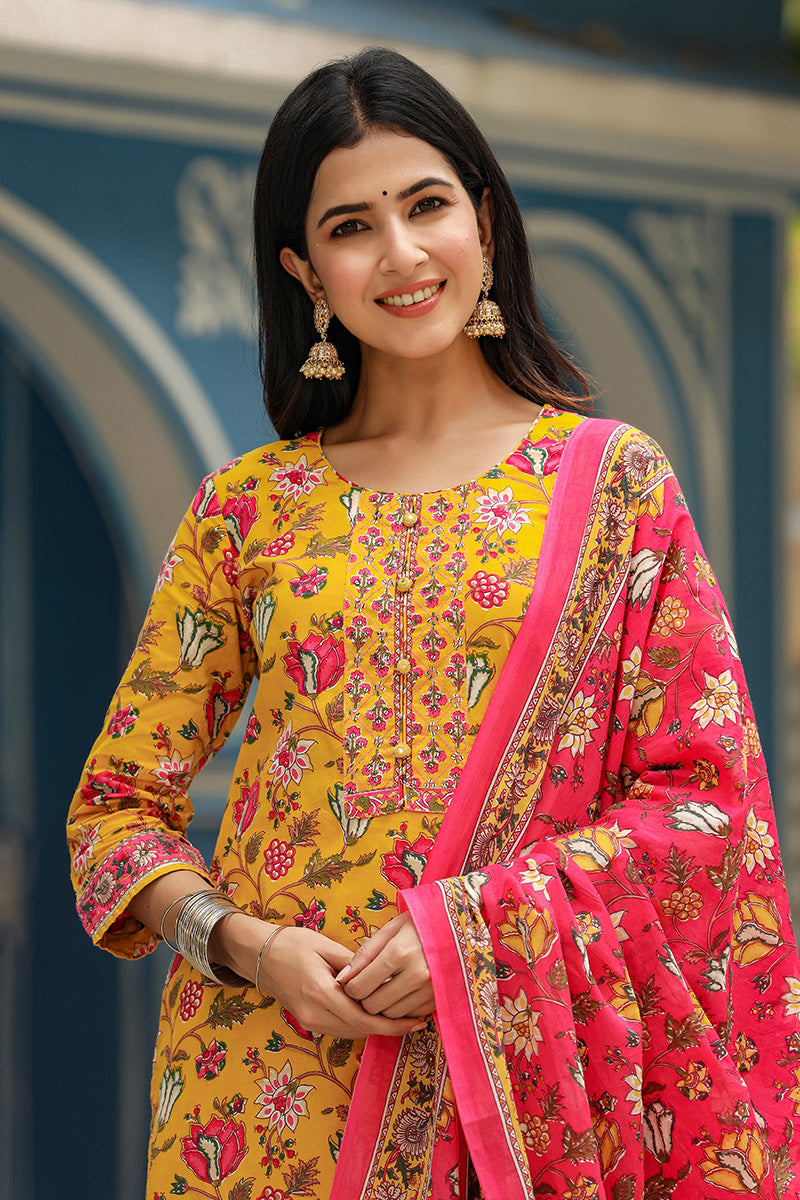 Mustard Rayon Blend Floral Print Suit Set - Yellow