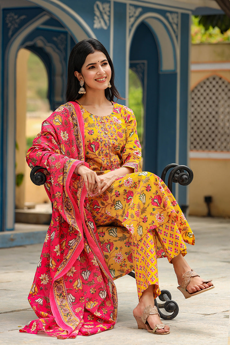 Mustard Rayon Blend Floral Print Suit Set - Yellow