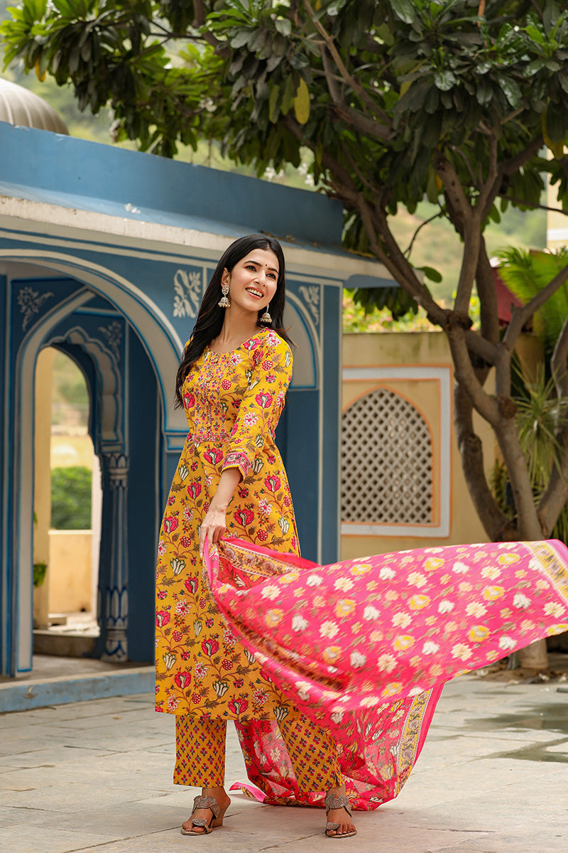 Mustard Rayon Blend Floral Print Suit Set - Yellow