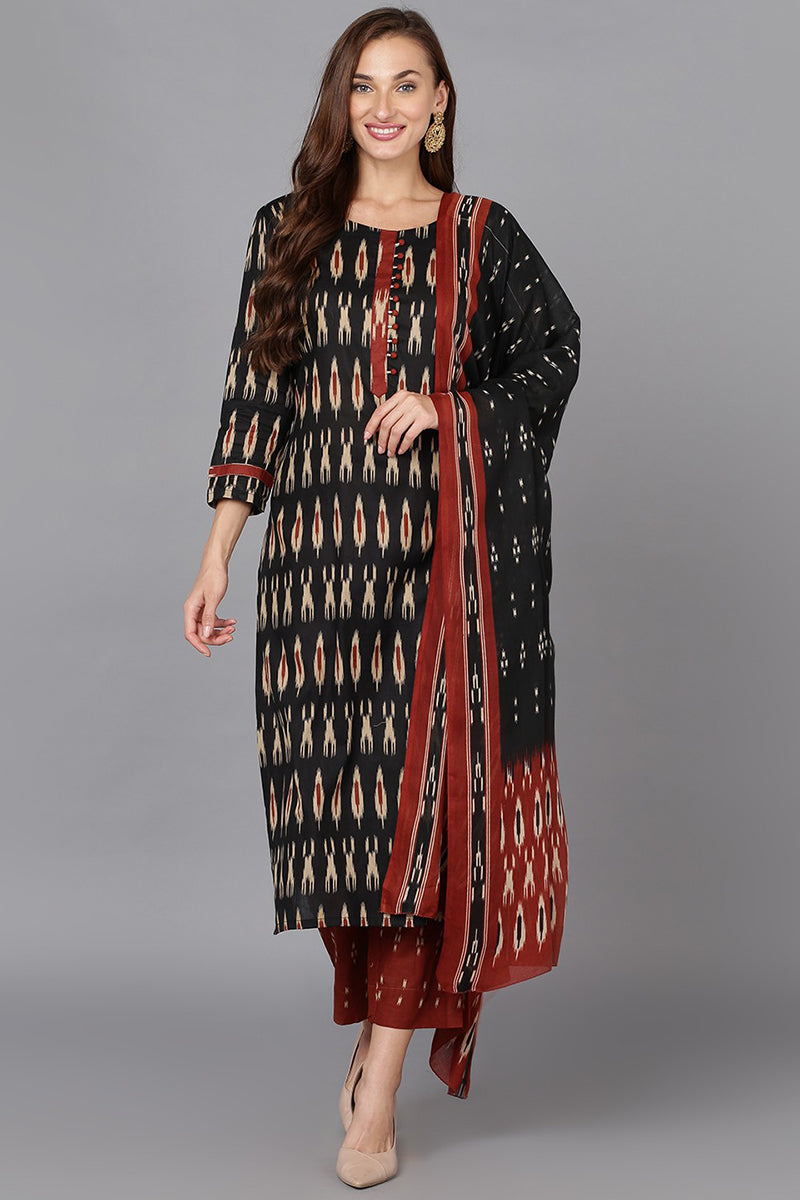 Black Ethnic Motifs Printed Panelled Rayon Blend Kurta - Black