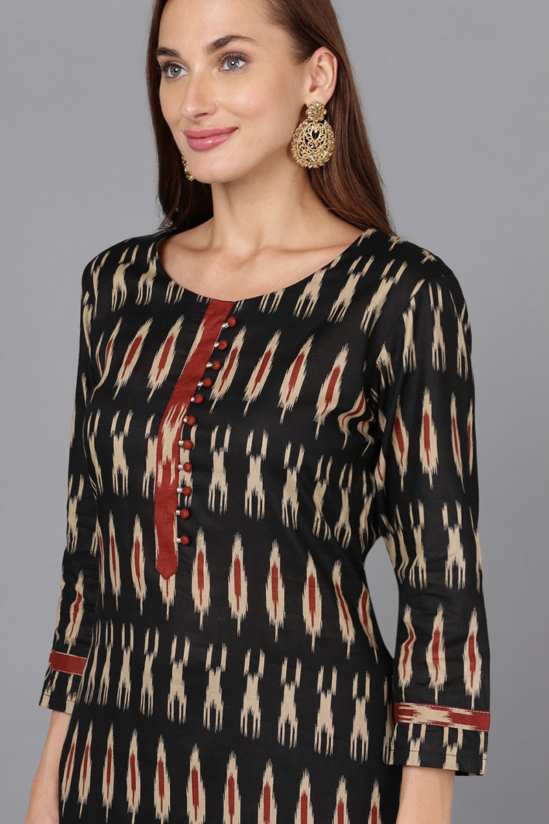 Black Ethnic Motifs Printed Panelled Rayon Blend Kurta - Black