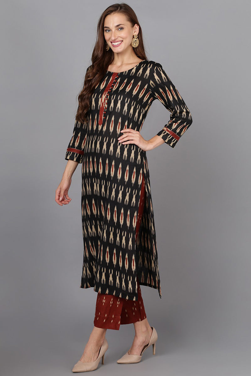 Black Ethnic Motifs Printed Panelled Rayon Blend Kurta - Black