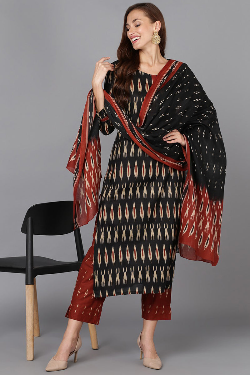 Black Ethnic Motifs Printed Panelled Rayon Blend Kurta - Black
