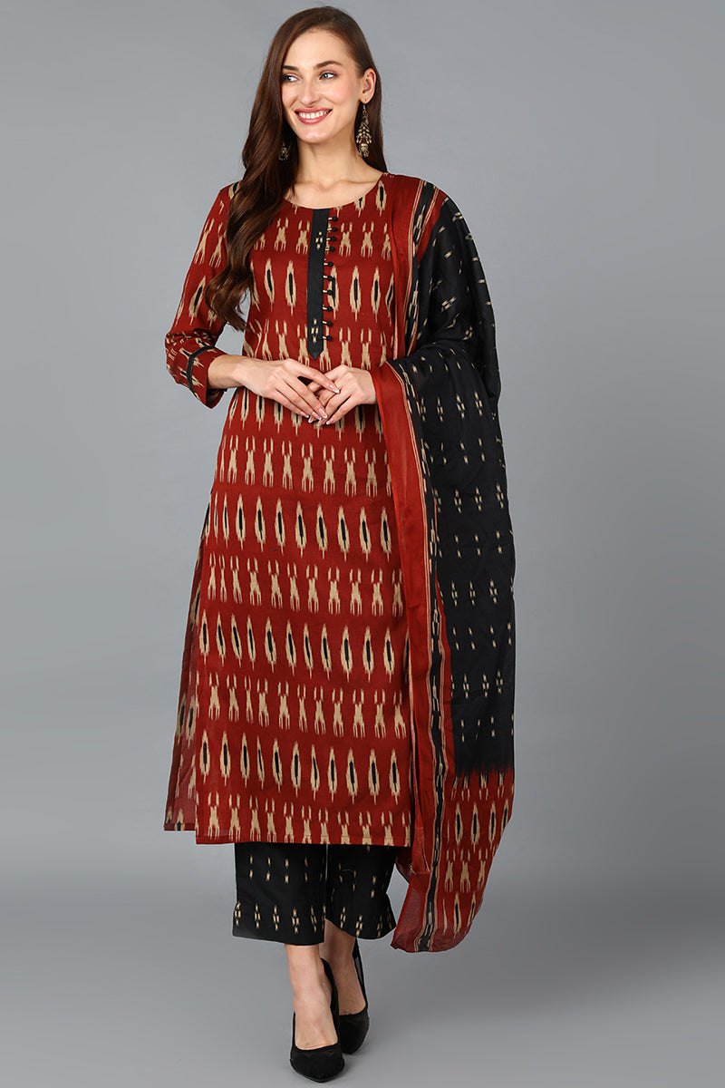 Brown Rayon Blend Straight Kurta Pant With Dupatta - Red