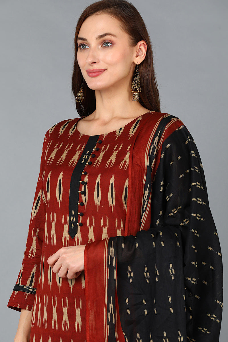 Brown Rayon Blend Straight Kurta Pant With Dupatta - Red