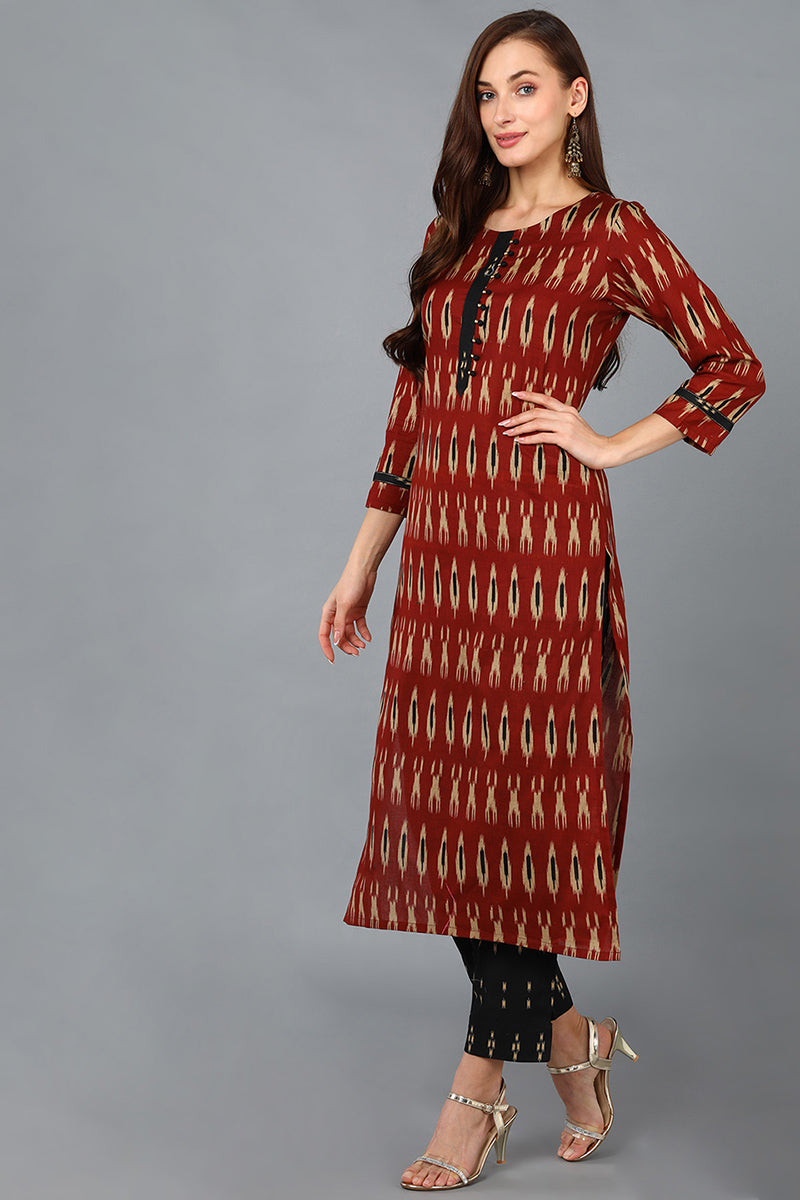 Brown Rayon Blend Straight Kurta Pant With Dupatta - Red