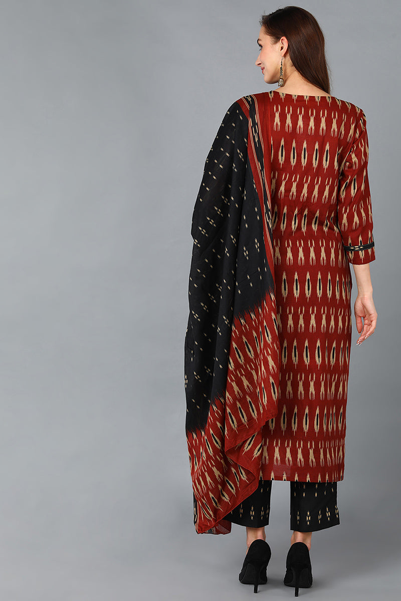 Brown Rayon Blend Straight Kurta Pant With Dupatta - Red
