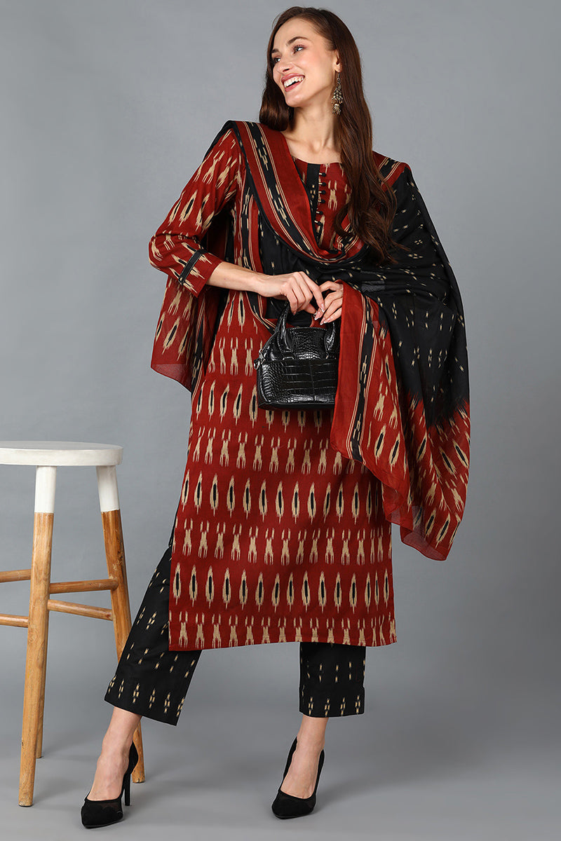Brown Rayon Blend Straight Kurta Pant With Dupatta - Red