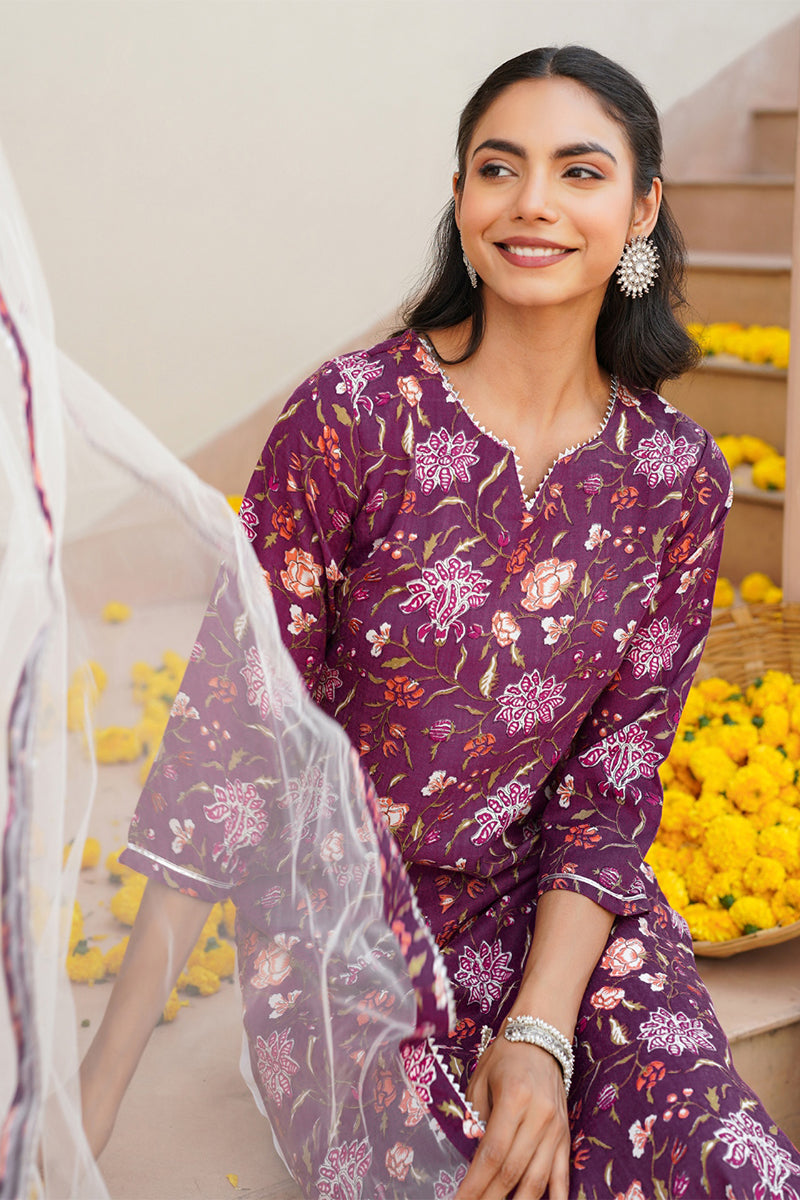 Purple Rayon Blend Floral Straight Kurta Pant With Dupatta - Purple