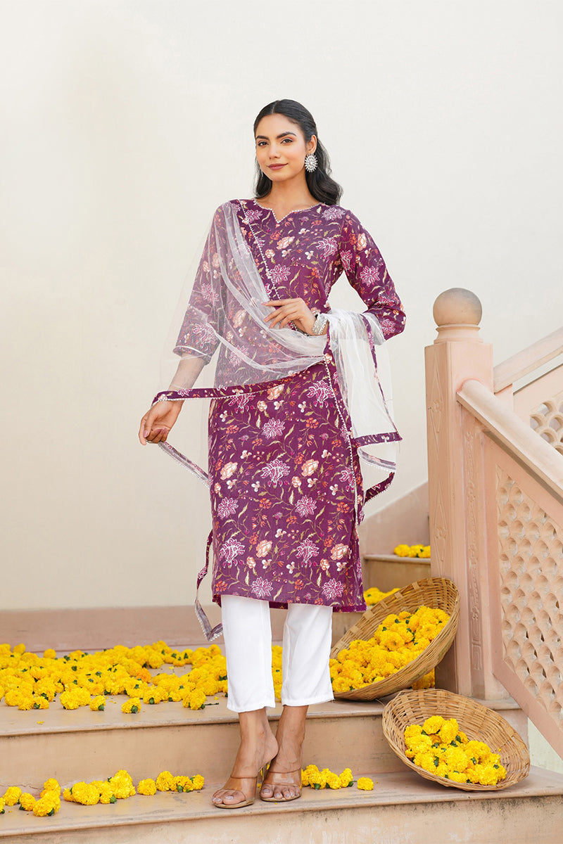 Purple Rayon Blend Floral Straight Kurta Pant With Dupatta - Purple