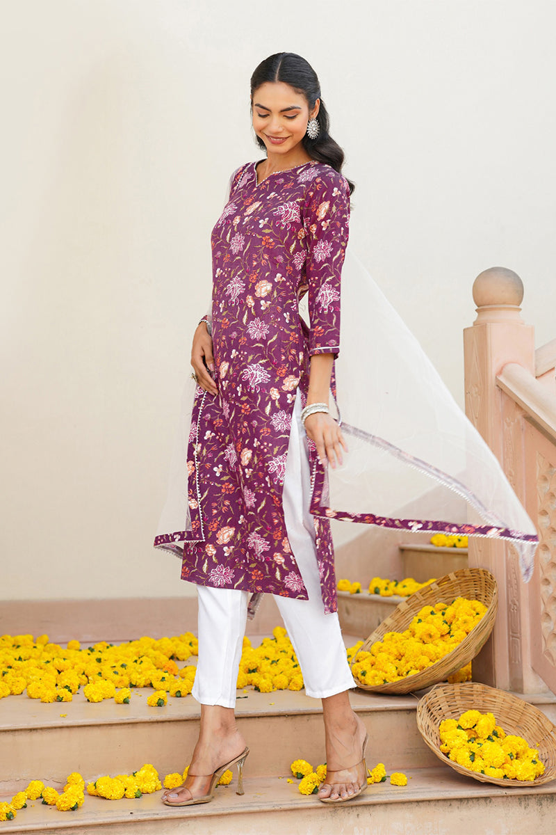 Purple Rayon Blend Floral Straight Kurta Pant With Dupatta - Purple