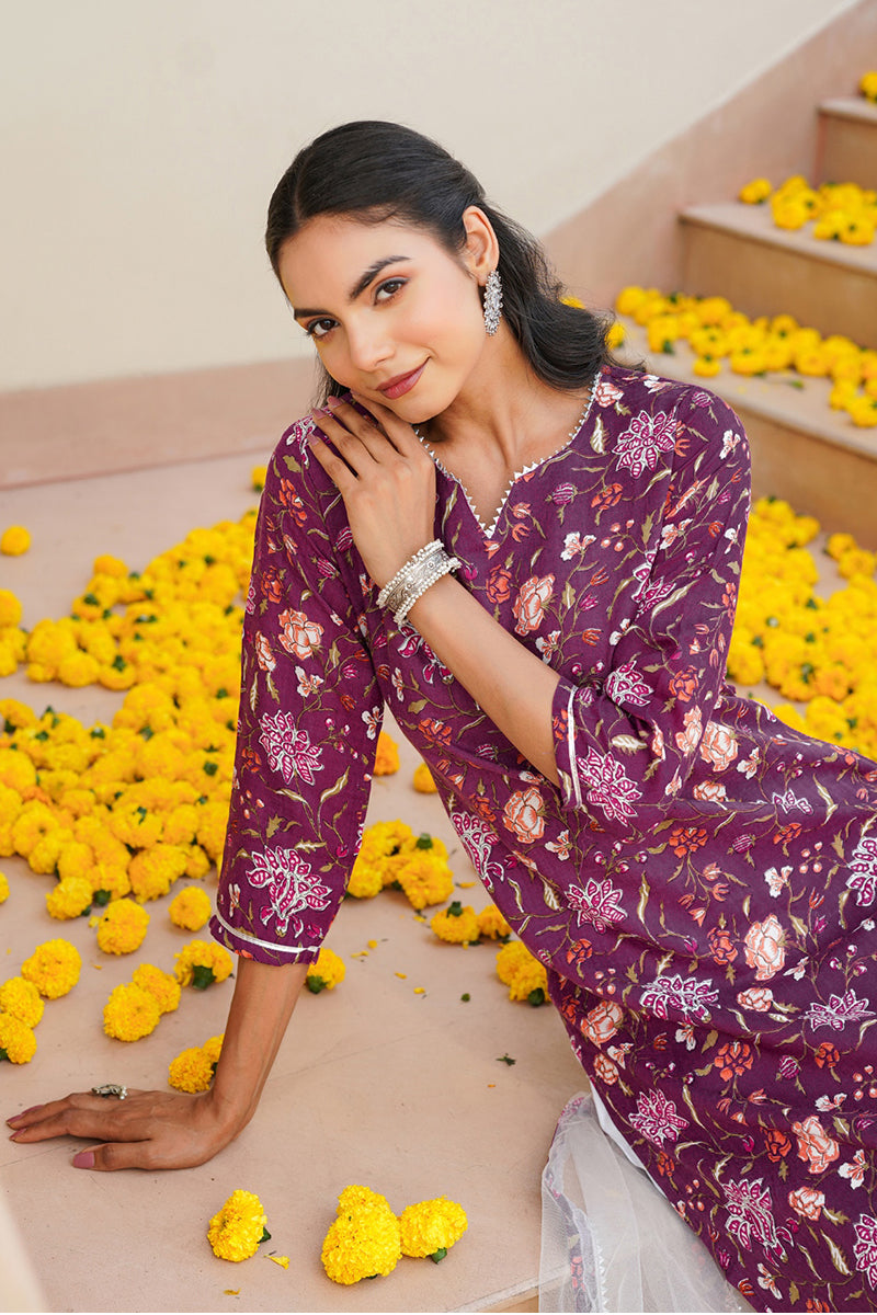 Purple Rayon Blend Floral Straight Kurta Pant With Dupatta - Purple