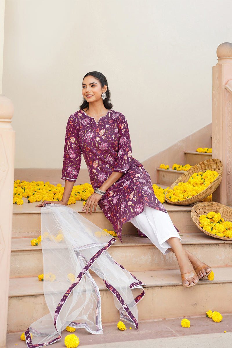 Purple Rayon Blend Floral Straight Kurta Pant With Dupatta - Purple