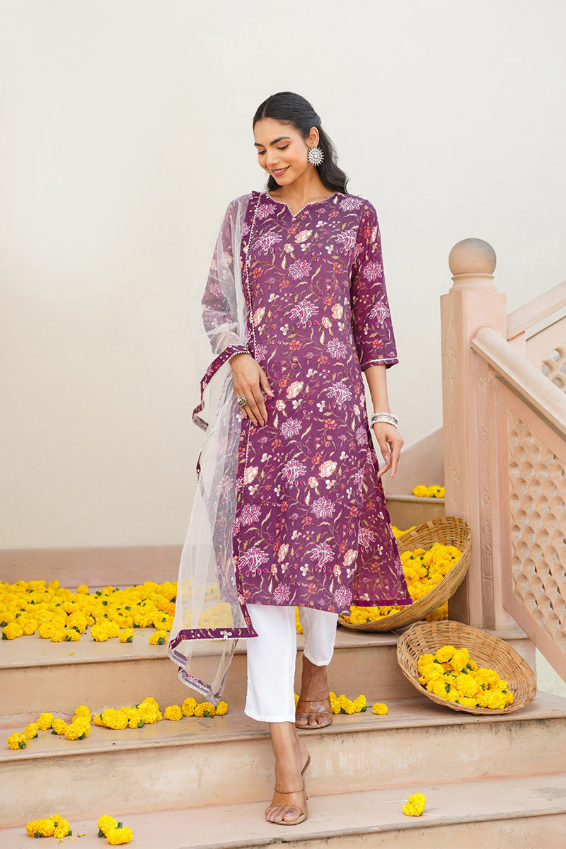 Purple Rayon Blend Floral Straight Kurta Pant With Dupatta - Purple