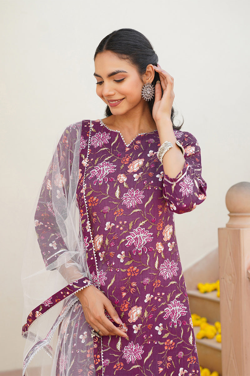 Purple Rayon Blend Floral Straight Kurta Pant With Dupatta - Purple