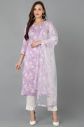 Purple Rayon blend Floral Straight Kurta Pant With Dupatta - Purple